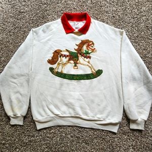 Vintage Christmas Sweater Pullover Sweatshirt Rocking Horse